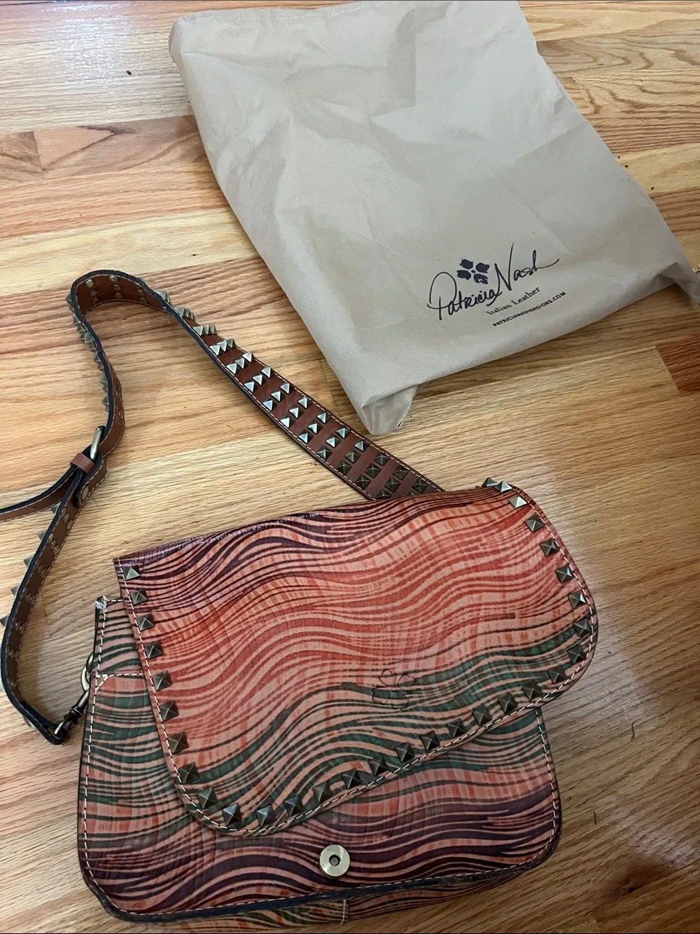 Patricia Nash Orange-Brown Wave Pattern Leather Shoulder Bag